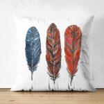 - Suet-K-6748 - Realhomes Çift Taraflı Beyaz Zeminde Üç Renkli Tüy Desenli Dekoratif Süet Yastık Kırlent Kılıfı Realhomes