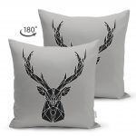 - Suet-K-6756-1 - Realhomes Çift Taraflı Gri Zeminde Geometrik Geyik Çizimli Modern Süet Yastık Kırlent Kılıfı Realhomes