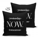- Suet-K-6759-1 - Realhomes Çift Taraflı Siyah Zeminde NOW Yazılı Modern Süet Yastık Kırlent Kılıfı Realhomes