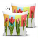 - Suet-K-806-1 - Realhomes Çift Taraflı Beyaz Zeminde Renkli Laleler Özel Tasarımlı Süet Yastık Kırlent Kılıfı Realhomes
