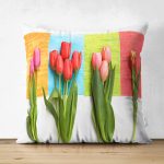 - Suet-K-806 - Realhomes Çift Taraflı Beyaz Zeminde Renkli Laleler Özel Tasarımlı Süet Yastık Kırlent Kılıfı Realhomes