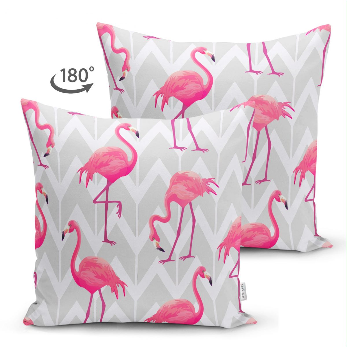 Çift Taraflı Gri Zigzag Zeminde Flamingolar Temalı Modern Süet Yastık Kırlent Kılıfı Realhomes