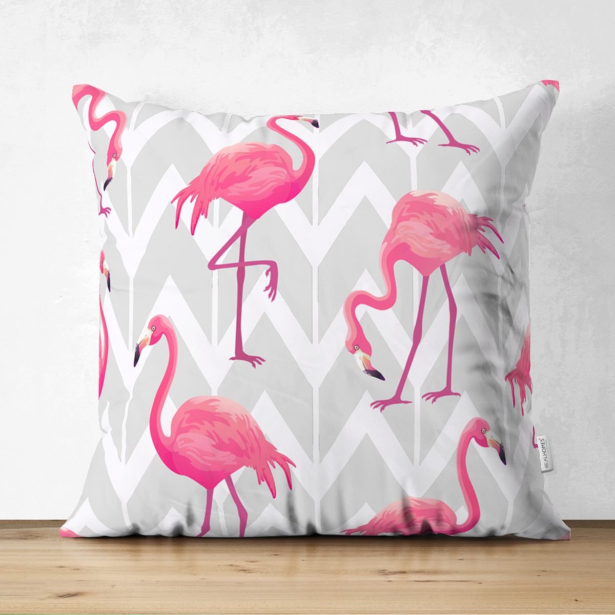Çift Taraflı Gri Zigzag Zeminde Flamingolar Temalı Modern Süet Yastık Kırlent Kılıfı Realhomes