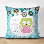 - Suet-K-99 - Realhomes Çift Taraflı Baykuş Desenli Dijital Baskılı Dekoratif Süet Yastık Kırlent Kılıfı Realhomes