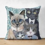 Çift Taraflı Kedi Ailesi Desenli Süet Yastık Kırlent Kılıfı Realhomes