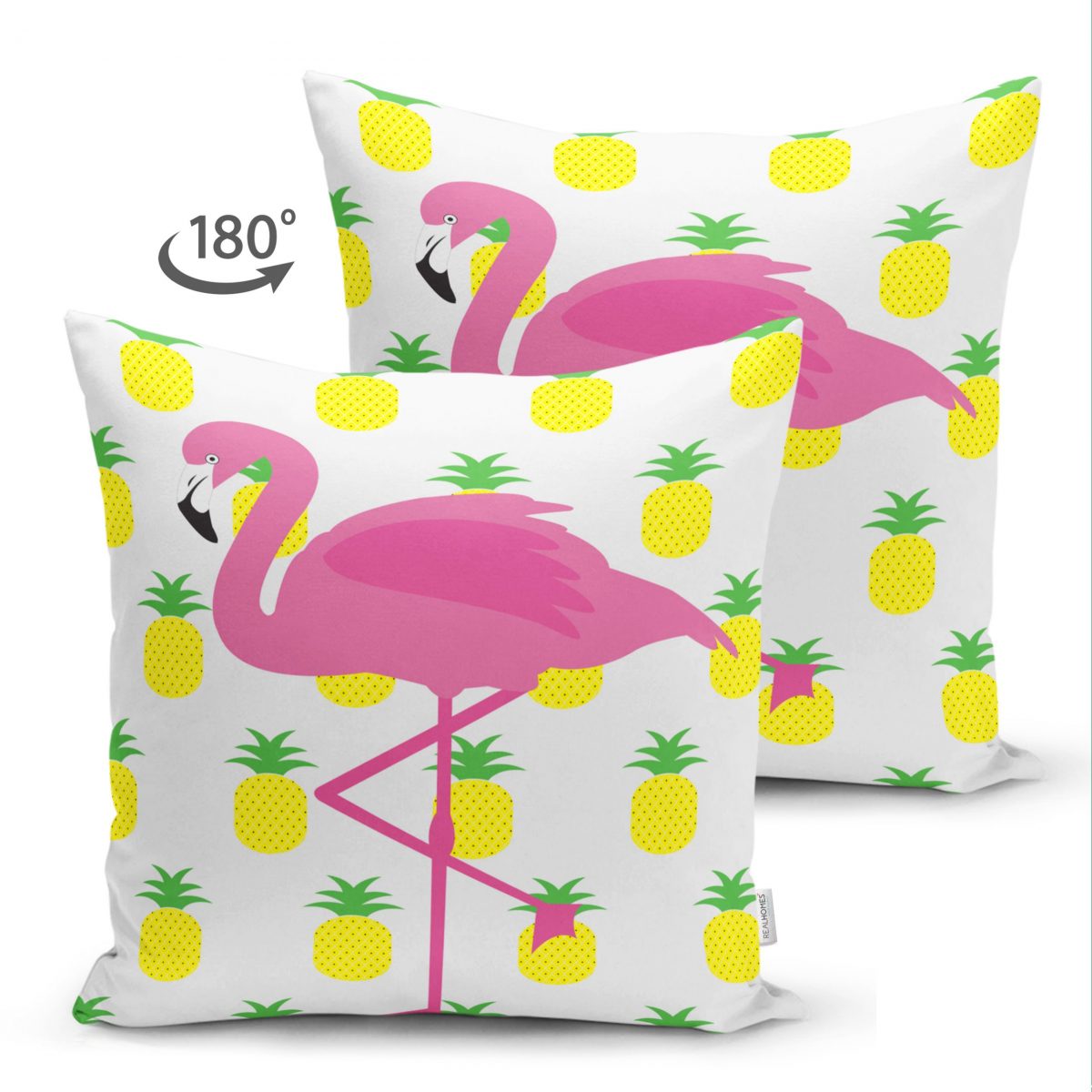 Ananaslar ve Flamingo Tasarımlı Çift Taraflı Dijital Baskılı Modern Süet Yastık Kırlent Kılıfı Realhomes
