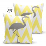 Çift Taraflı Sarı Gri Zigzaglar ve Flamingo Desenli Süet Yastık Kırlent Kılıfı Realhomes