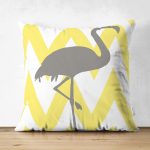Çift Taraflı Sarı Gri Zigzaglar ve Flamingo Desenli Süet Yastık Kırlent Kılıfı Realhomes