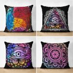 Siyah Zeminde Rengarenk Mandala Motifli Çift Taraflı Dijital Baskılı 4'Lü Süet Kırlent Kılıf Seti Realhomes