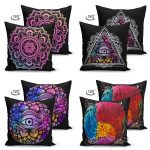 Siyah Zeminde Rengarenk Mandala Motifli Çift Taraflı Dijital Baskılı 4'Lü Süet Kırlent Kılıf Seti Realhomes