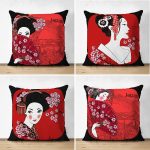 Çift Taraflı Şaman Kız Tasarımlı 4'Lü Modern Süet Kırlent Kılıf Seti Realhomes