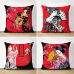 - Suet-K4luset120-Gorsel1 - Realhomes Çift Taraflı Japon Women Desenli 4'Lü Modern Süet Kırlent Kılıf Seti Realhomes