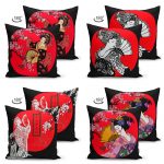 - Suet-K4luset120-Gorsel2 - Realhomes Çift Taraflı Japon Women Desenli 4'Lü Modern Süet Kırlent Kılıf Seti Realhomes