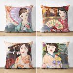 - Suet-K4luset128-Gorsel1 - Realhomes  Çift Taraflı Sulu Boya Japon Kızlar Tasarımlı 4'Lü Süet Kırlent Kılıf Seti Realhomes
