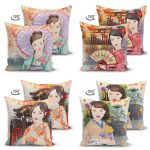 - Suet-K4luset128-Gorsel2 - Realhomes  Çift Taraflı Sulu Boya Japon Kızlar Tasarımlı 4'Lü Süet Kırlent Kılıf Seti Realhomes