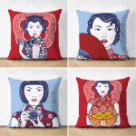 - Suet-K4luset132-Gorsel1 - Realhomes Çift Taraflı Kırmızı Ve Mavi Japon Kız Tasarımlı Dekoratif 4'Lü Süet Kırlent Kılıf Seti Realhomes