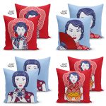 - Suet-K4luset132-Gorsel2 - Realhomes Çift Taraflı Kırmızı Ve Mavi Japon Kız Tasarımlı Dekoratif 4'Lü Süet Kırlent Kılıf Seti Realhomes