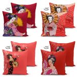 Çift Taraflı Kırmız Japon Kızlar Tasarımlı 4'Lü Dekoratif Süet Kırlent Kılıf Seti Realhomes