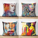 - Suet-K4luset14-Gorsel1 - Realhomes Çift Taraflı Soyut Sulu Boya Çizimli Fashion Girl Tasarımlı 4'Lü Süet Kırlent Kılıf Seti Realhomes