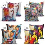 - Suet-K4luset14-Gorsel2 - Realhomes Çift Taraflı Soyut Sulu Boya Çizimli Fashion Girl Tasarımlı 4'Lü Süet Kırlent Kılıf Seti Realhomes