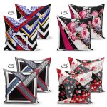 - Suet-K4luset169-Gorsel2 - Realhomes Çift Taraflı Geometrik Tasarımlı Çiçek Motifli 4'Lü Süet Kırlent Kılıf Seti Realhomes