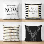 - Suet-K4luset225-Gorsel1 - Realhomes  Realhomes Çift Taraflı Gold Yazılı Siyah Beyaz Zeminli 4'lü Dekoratif Süet Yastık Kılıf Seti Realhomes