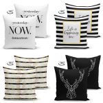 - Suet-K4luset225-Gorsel2 - Realhomes  Realhomes Çift Taraflı Gold Yazılı Siyah Beyaz Zeminli 4'lü Dekoratif Süet Yastık Kılıf Seti Realhomes