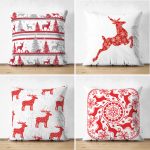 Realhomes Çift Taraflı Kırmızı Beyaz Yılbaşı Geyikleri 4'lü Süet Yastık Kırlent Kılıf Seti Realhomes