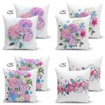 Realhomes Çift Taraflı Ortanca Çiçeği Motifli Modern 4'lü Kombin Süet Yastık Kırlent Kılıf Seti Realhomes