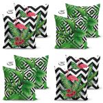 - Suet-K4luset252-Gorsel2 - Realhomes  Çift Taraflı Geometrik Çizgiler Üzerinde Tropikal Yaprak ve Flamingo 4'lü Süet Yastık Kılıf Seti Realhomes