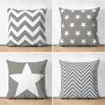 Realhomes Çift Taraflı Gri Zigzag ve Yıldız Motifli 4'lü Modern Süet Yastık Kırlent Kılıf Seti Realhomes