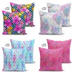 Çift Taraflı Renkli Ogea ve Geometrik Çizgili Tropikal Yapraklı 4'lü Süet Yastık Kırlent Kılıf Seti Realhomes