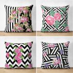 - Suet-K4luset290-Gorsel1 - Realhomes  Geometrik Desenli Çiçek Temalı 4'lü Çift Taraflı Süet Yastık Kırlent Kılıf Seti Realhomes
