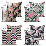 - Suet-K4luset290-Gorsel2 - Realhomes  Geometrik Desenli Çiçek Temalı 4'lü Çift Taraflı Süet Yastık Kırlent Kılıf Seti Realhomes