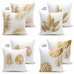 Altın Varaklı Yaprak Desenli 4'lü Çift Taraflı Süet Yastık Kırlent Kılıf Seti Realhomes