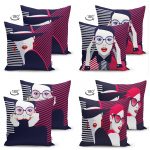 - Suet-K4luset307-Gorsel2 - Realhomes  Kadın Figurlu Kalem Desenli 4'lü Çift Taraflı Süet Yastık Kırlent Kılıf Seti Realhomes