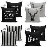 - Suet-K4luset312-Gorsel2 - Realhomes  Siyah Gri Zeminde Geyik ve Yazılı Özel Tasarım 4'lü Çift Taraflı Süet Kırlent Kılıf Seti Realhomes