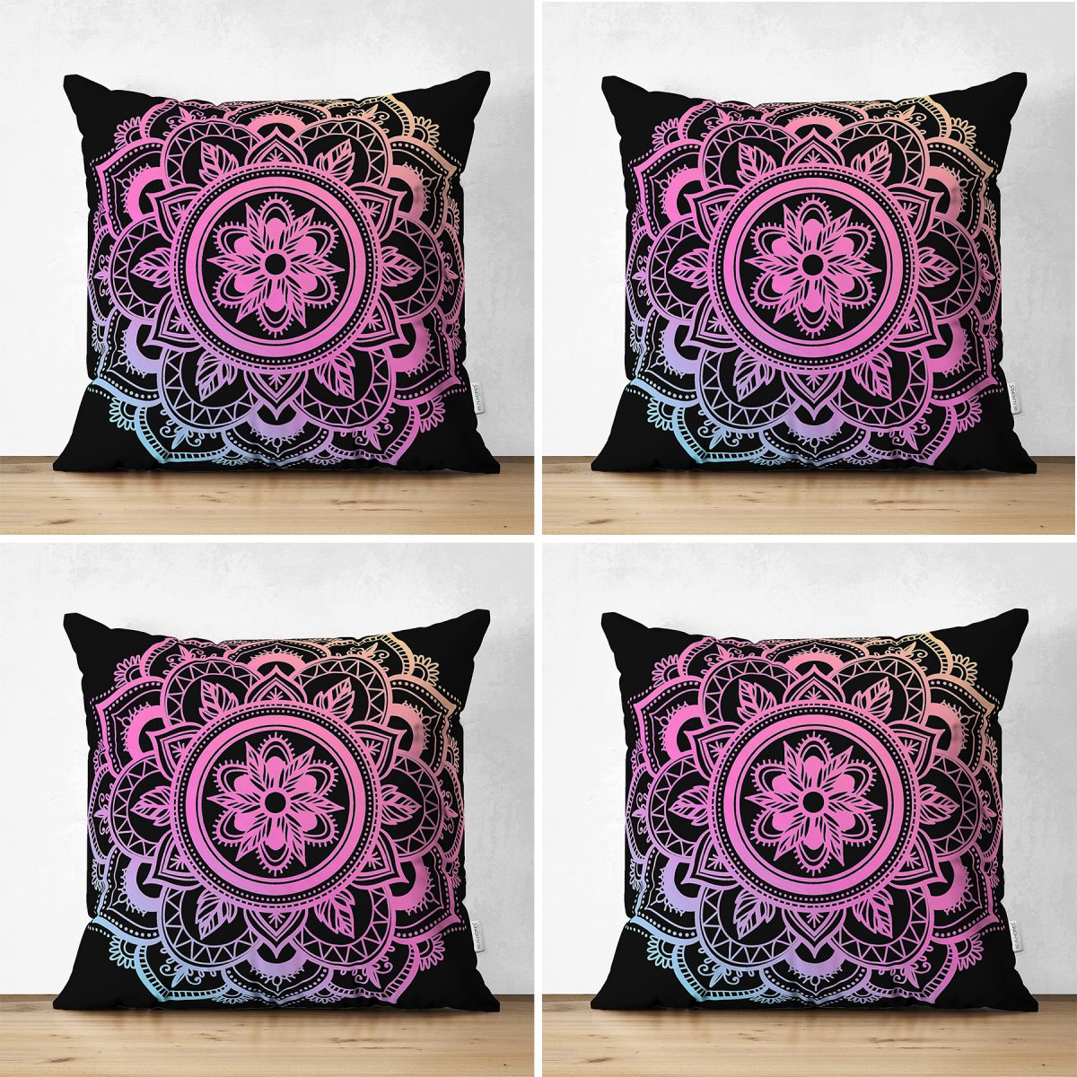 Neon Mandala Tasarım Dijital Baskılı Modern 4'Lü Çift Taraflı Süet Yastık Kırlent Kılıf Seti Realhomes