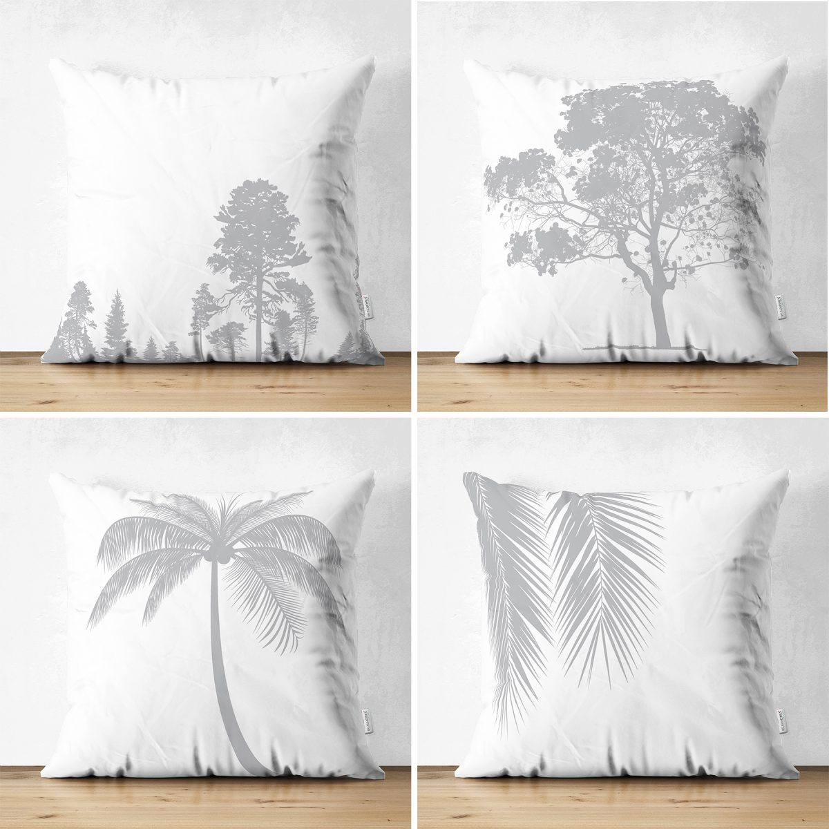 Çift Taraflı Beyaz Zeminde Gri Palmiye Ağaç Tasarımlı Modern 4'Lü Süet Yastık Kırlent Kılıf Seti Realhomes