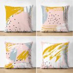 Sarı Ve Pembe Sulu Boya Fırça Darbeli Dekoratif 4'lü Çift Taraflı Süet Yastık Kırlent Kılıf Seti Realhomes