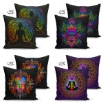 Uzak Doğu Yoga Tasarımlı Renkli 4'Lü Çift Taraflı Süet Kırlent Kılıf Seti Realhomes