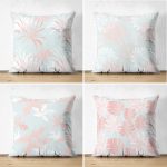 - Suet-K4luset70-Gorsel1 - Realhomes  Mavi Zeminde Pembe Ve Beyaz Yaprak Çizimli Modern 4'lü Çift Taraflı Süet Yastık Kırlent Kılıf Seti Realhomes