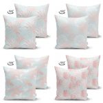- Suet-K4luset70-Gorsel2 - Realhomes  Mavi Zeminde Pembe Ve Beyaz Yaprak Çizimli Modern 4'lü Çift Taraflı Süet Yastık Kırlent Kılıf Seti Realhomes