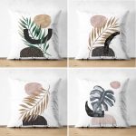 Beyaz Zeminde Gümüş Ve Gold Yaprak Tasarımlı Modern 4'lü Çift Taraflı Süet Yastık Kırlent Kılıf Seti Realhomes