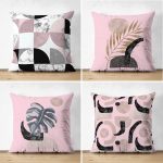 - Suet-K4luset83-Gorsel1 - Realhomes  Pembe Zemin Üzerinde Soyut Çizim Tasarımlı Modern 4'lü Çift Taraflı Süet Yastık Kırlent Kılıf Seti Realhomes
