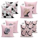 - Suet-K4luset83-Gorsel2 - Realhomes  Pembe Zemin Üzerinde Soyut Çizim Tasarımlı Modern 4'lü Çift Taraflı Süet Yastık Kırlent Kılıf Seti Realhomes