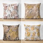 Çift Taraflı Özel Tasarım Kurumuş Yaprak Ve Portre Çizim Motifli 4'lü Süet Yastık Kırlent Kılıf Seti Realhomes