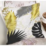 - 7011 - Realhomes  Mermer Zeminli Gold Ve Siyah Yapraklar Dijital Baskılı Modern Yastık Kılıfı Realhomes