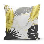 - 7011 - Realhomes  Mermer Zeminli Gold Ve Siyah Yapraklar Dijital Baskılı Modern Yastık Kılıfı Realhomes