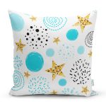 - 7017 - Realhomes  Beyaz Zeminde Mavi Puan Gold Yıldızlı Dijital Baskılı Modern Yastık Kırlent Kılıfı Realhomes